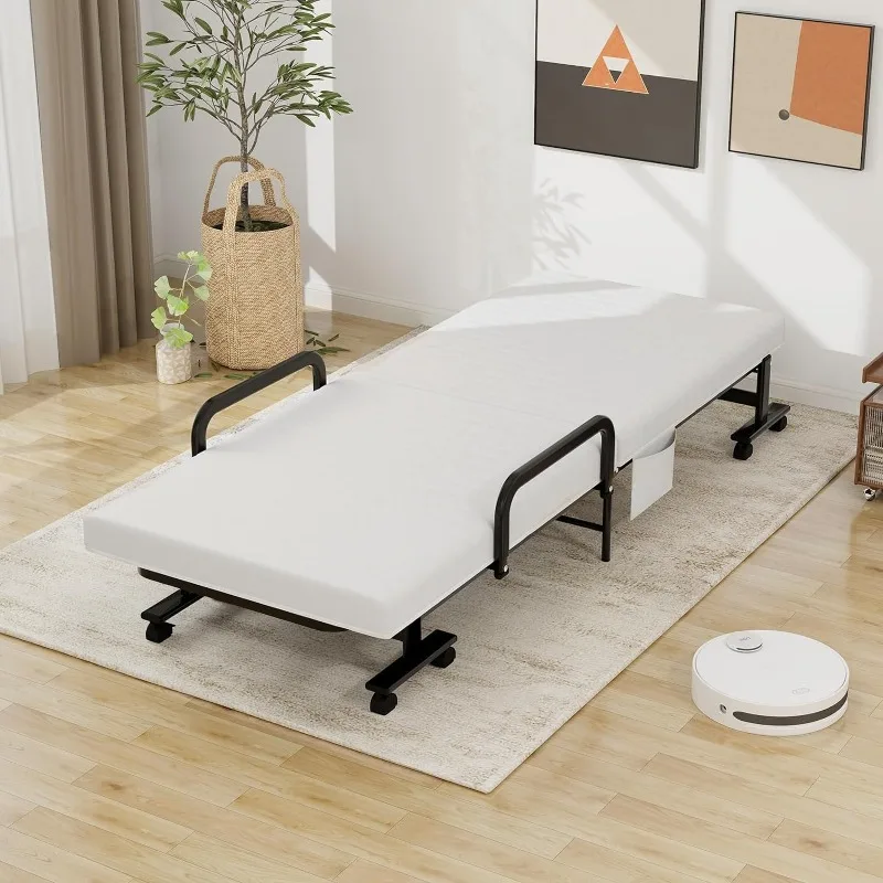 KOMFOTT Folding Rollaway Bed with Mattress for Adults, Portable Guest Bed with 6 Positions Adjustable Backrest, Foldable