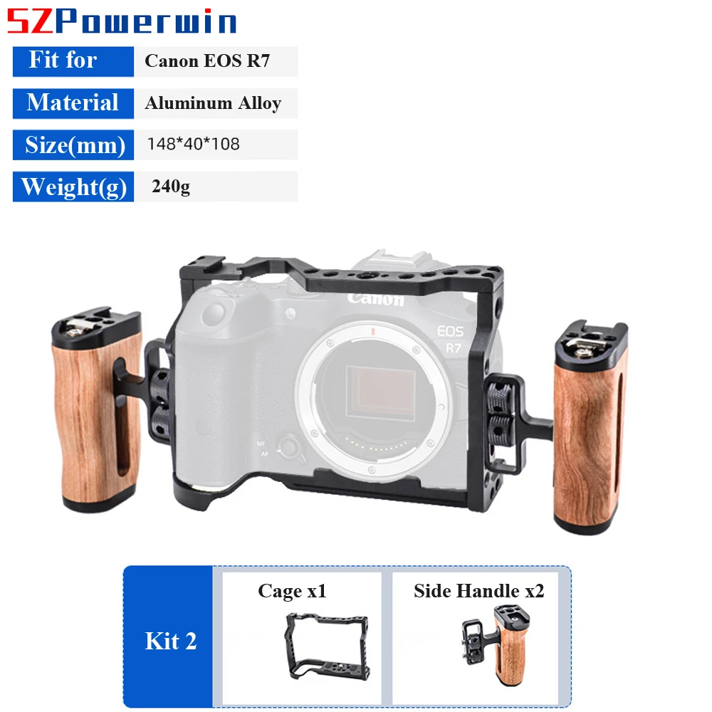 Powerwin For Canon EOS R7  Camera Cage with wooden Handgrid Handle Kit Aluminum Alloy Multifunctional Arri Locating Screw