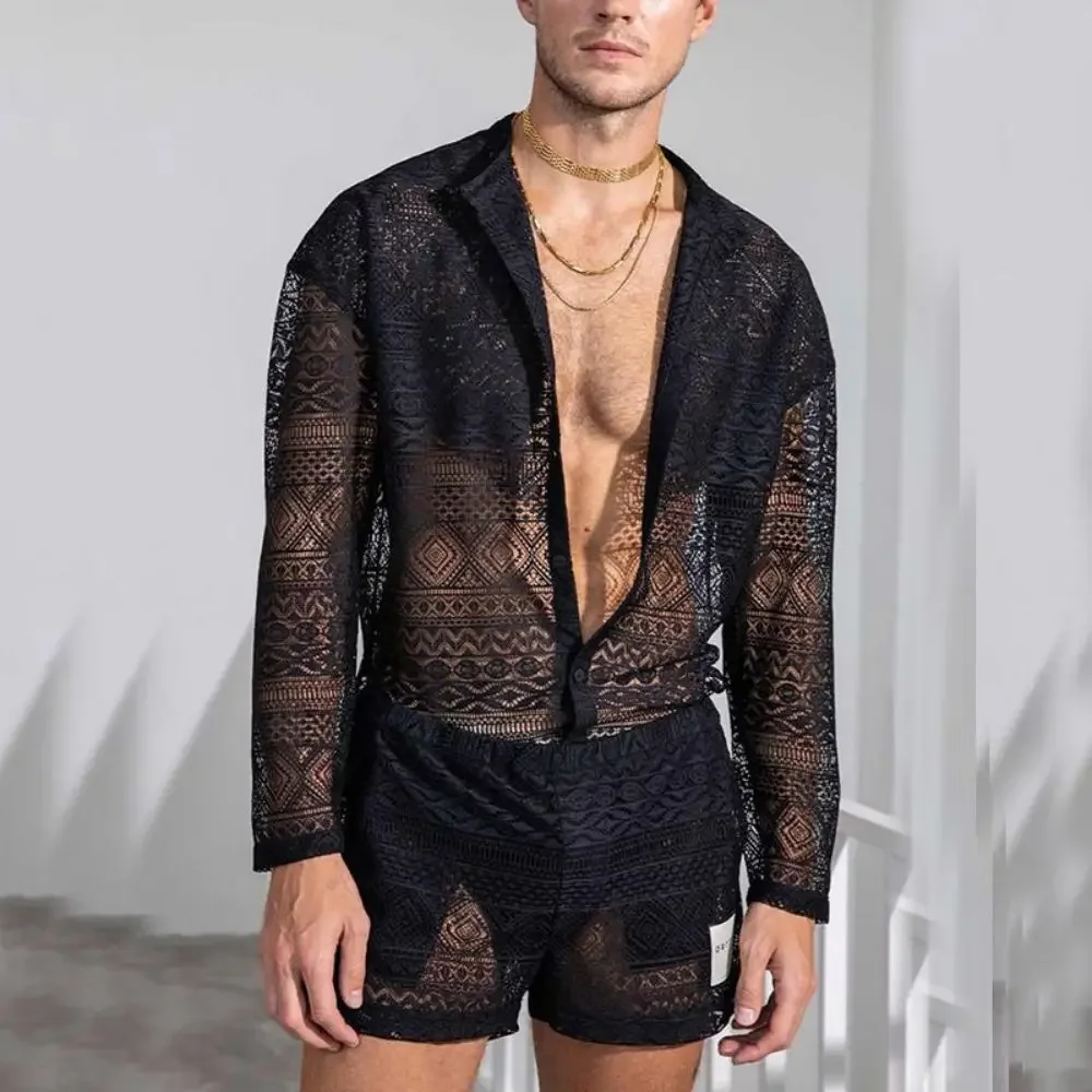 Mens Fashion Set Summer New Hollow Out Sexy Lace Shorts Pattern Print Shirt Two Piece Suits Trendy Elegant Beach Clothes Outfits - Image 2