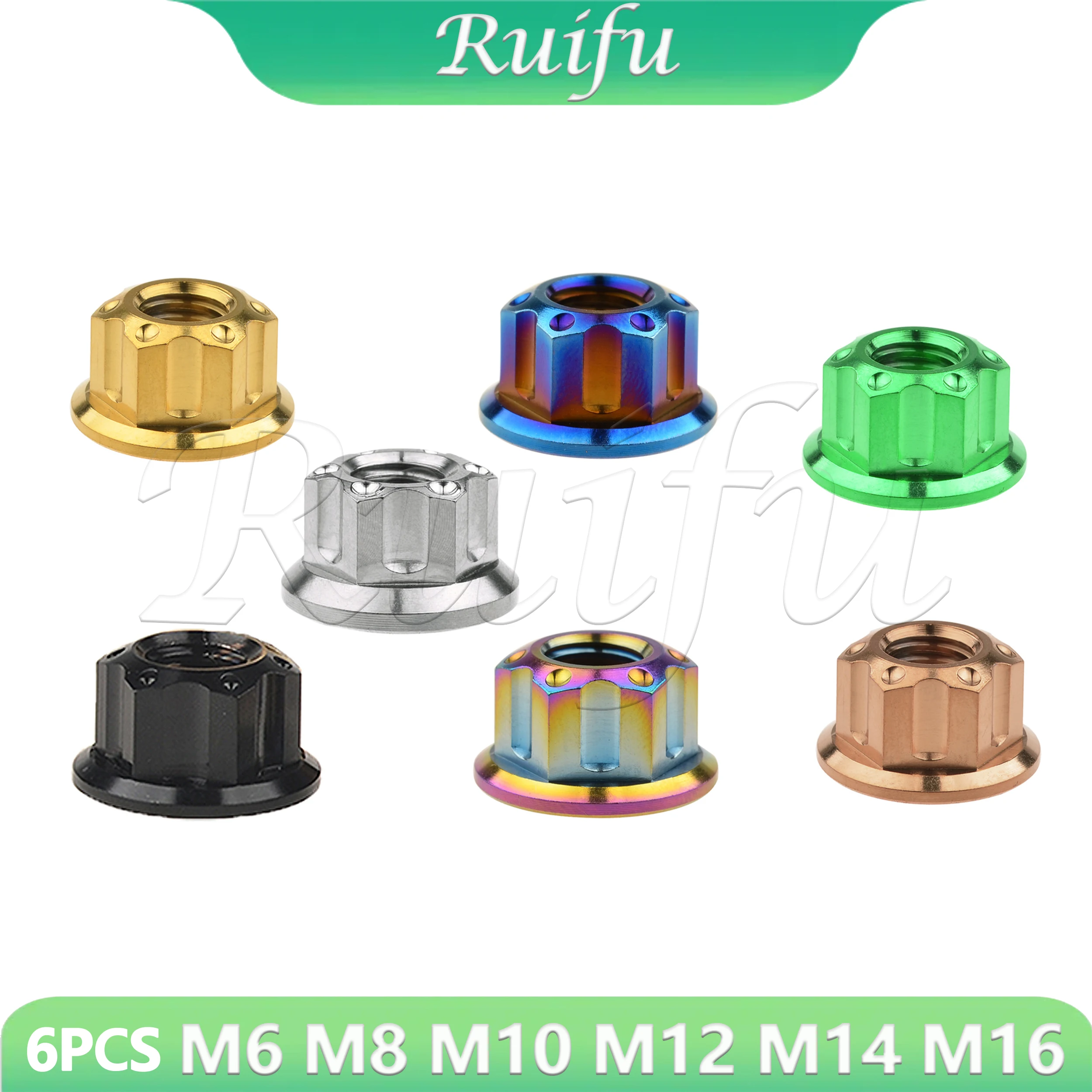 

Ruifu Titanium 6PCS Ti Nut M6 M8 M10 M12 M14 M16 Flange Nut for Motorcycle Bicycle Fastener Rear Axle Nuts