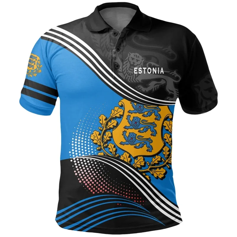 Estonia Flag Polo Shirt For Men 3d Print National Emblem T-shirt Tops Summer Casual Street Lapel Short Sleeve Loose Shirts