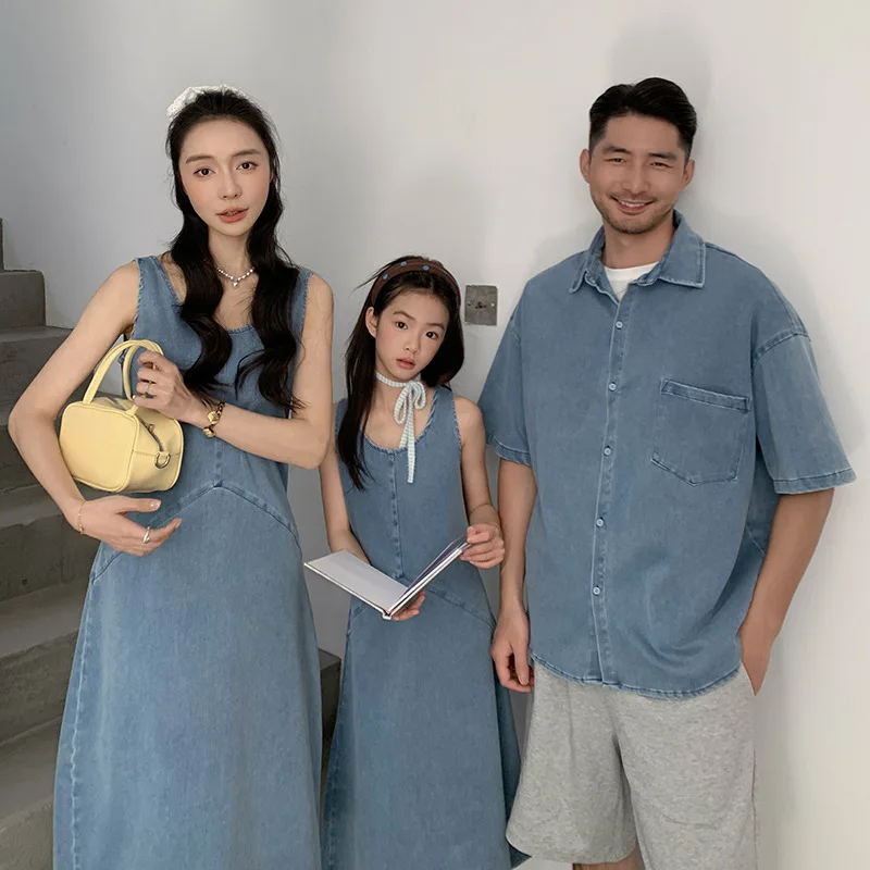 2026 New Style Parent Child Matching Simple Denim Vest Dress Mother and Daughter Dress Long Skirt  Family of Three Shirt