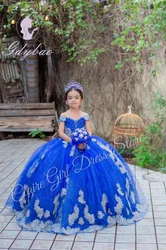 Customized Royal Blue Flower Girl Dresses For Wedding Pearls Appliques Off Shoulder Kids Birthday Party First Communion Gown