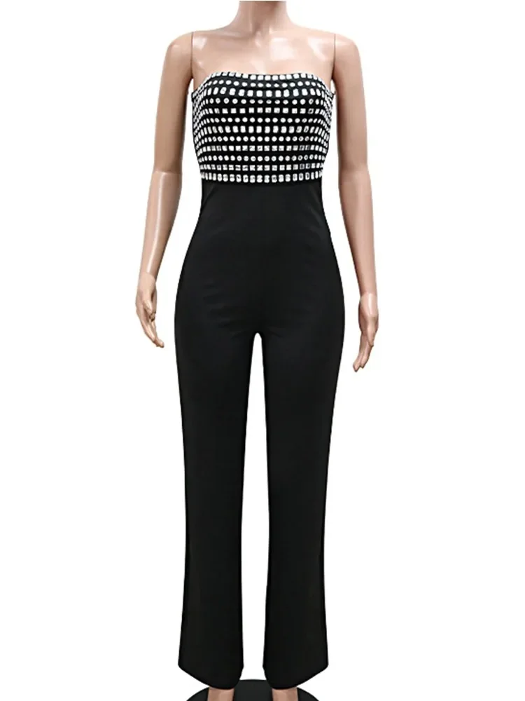 

Women's Sexy Black Rhinestone Backless Romper Jumpsuit Bodycon One-Piece Club Party Birthday Elegant Overalls Hot Pants