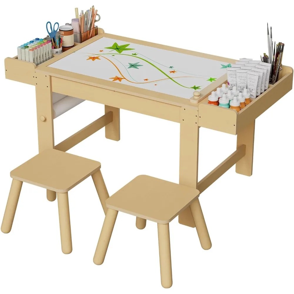 

Kids Art Table and Chair Set, Kids Craft Table with Storage, Toddler Activity Play Desk and 2 Chairs Set,Wooden Art Drawing Desk