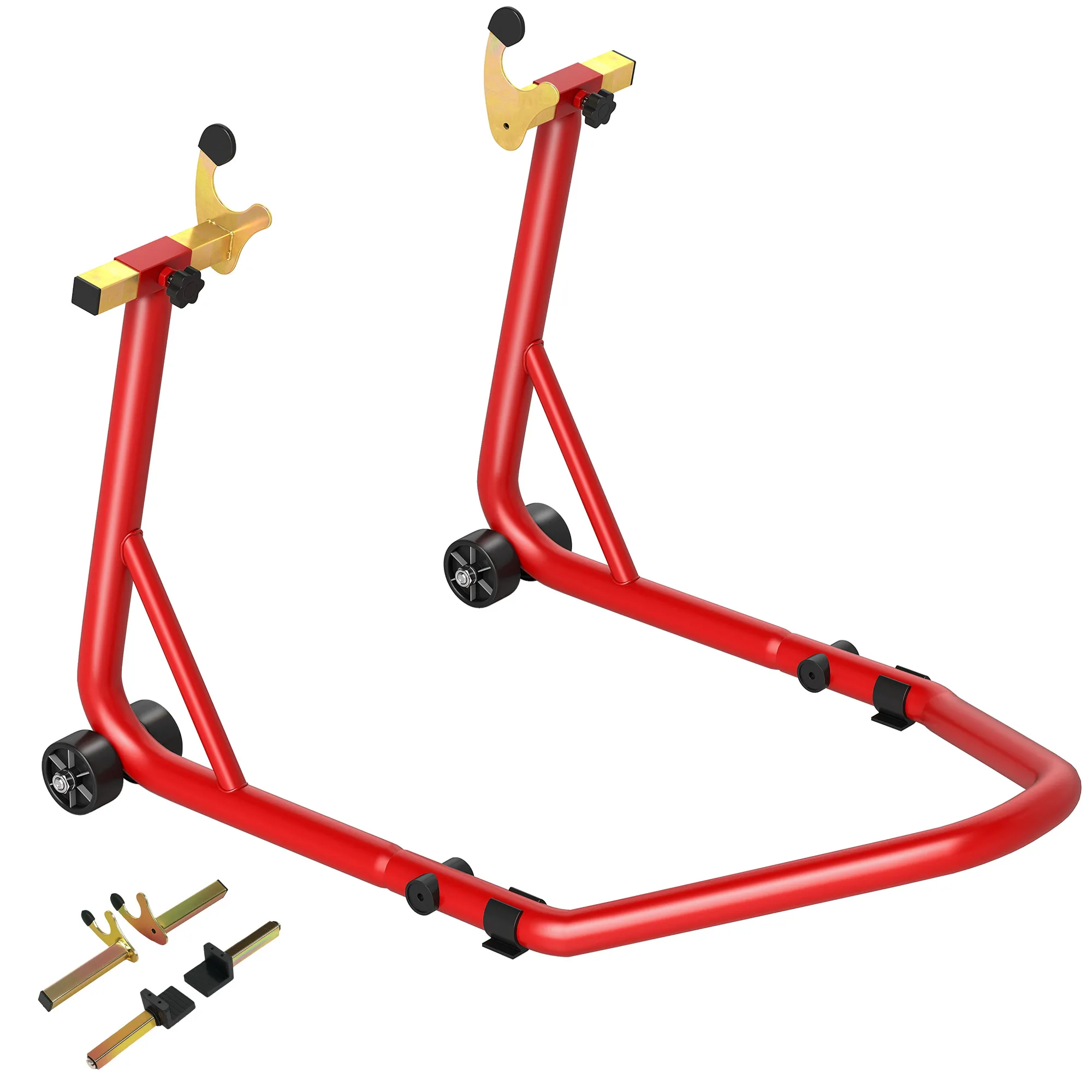 HOMCOM Bloque roue de moto pour pneu arrière capacité 544 kg, bequille arriere universelle ajustable moto avec fourches réglables en U et L en acier, rouge