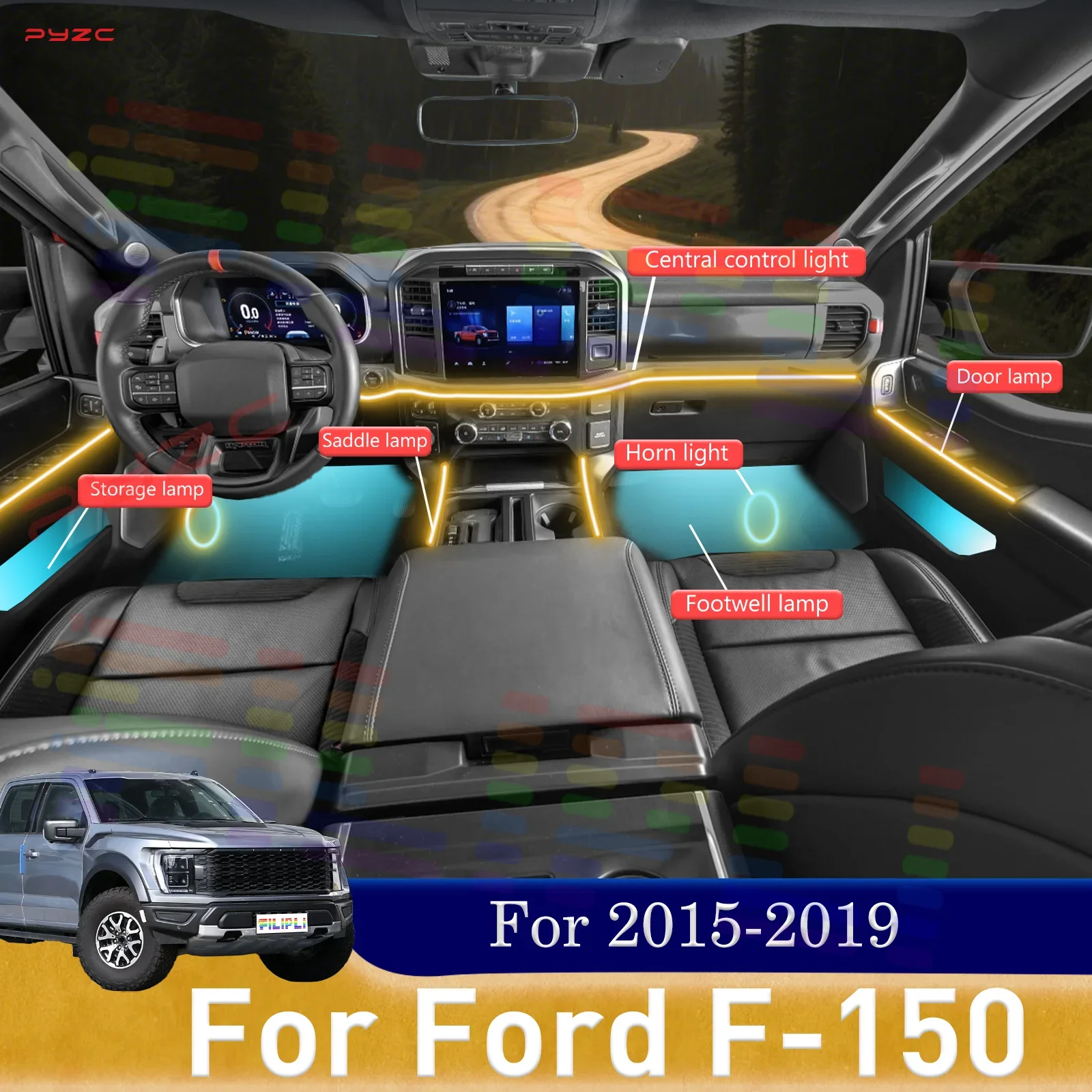 

Для Ford F-150 комплект внутренних окружающих ламп автомобиля RGB 64-цветный светодиодный светильник Easy-Lock для установки 2015-2019 гг.