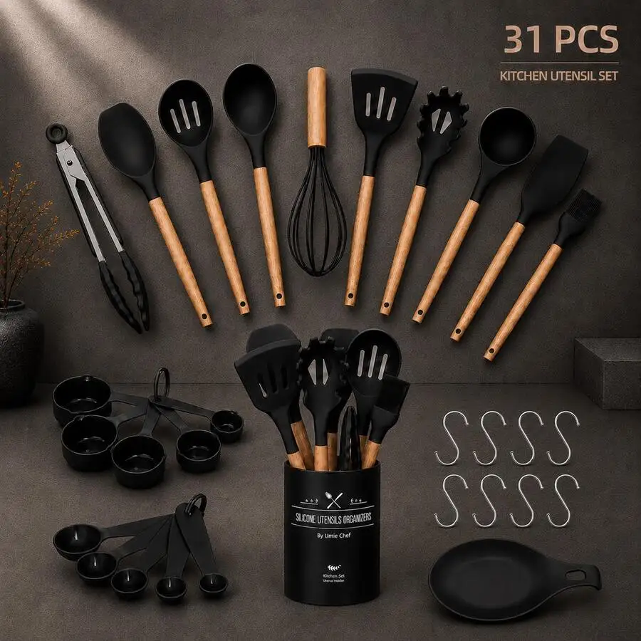 31Pcs Silicone Kitchen Cooking Utensil Set, All-In-One Kitchen Gadgets, High Heat Resistant, Non-Scratch & Non-Stick Cookware Fr