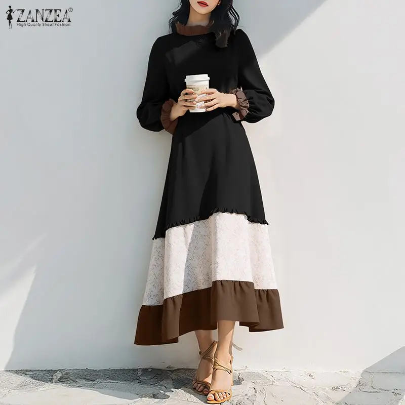 ZANZEA Modne Sukienki Maxi Damskie Jesienne Stójka Długi Rękaw Falbany Długie Sukienki Vestidos 2026 Patchwork Casual Elegancka Sukienka na Imprezę
