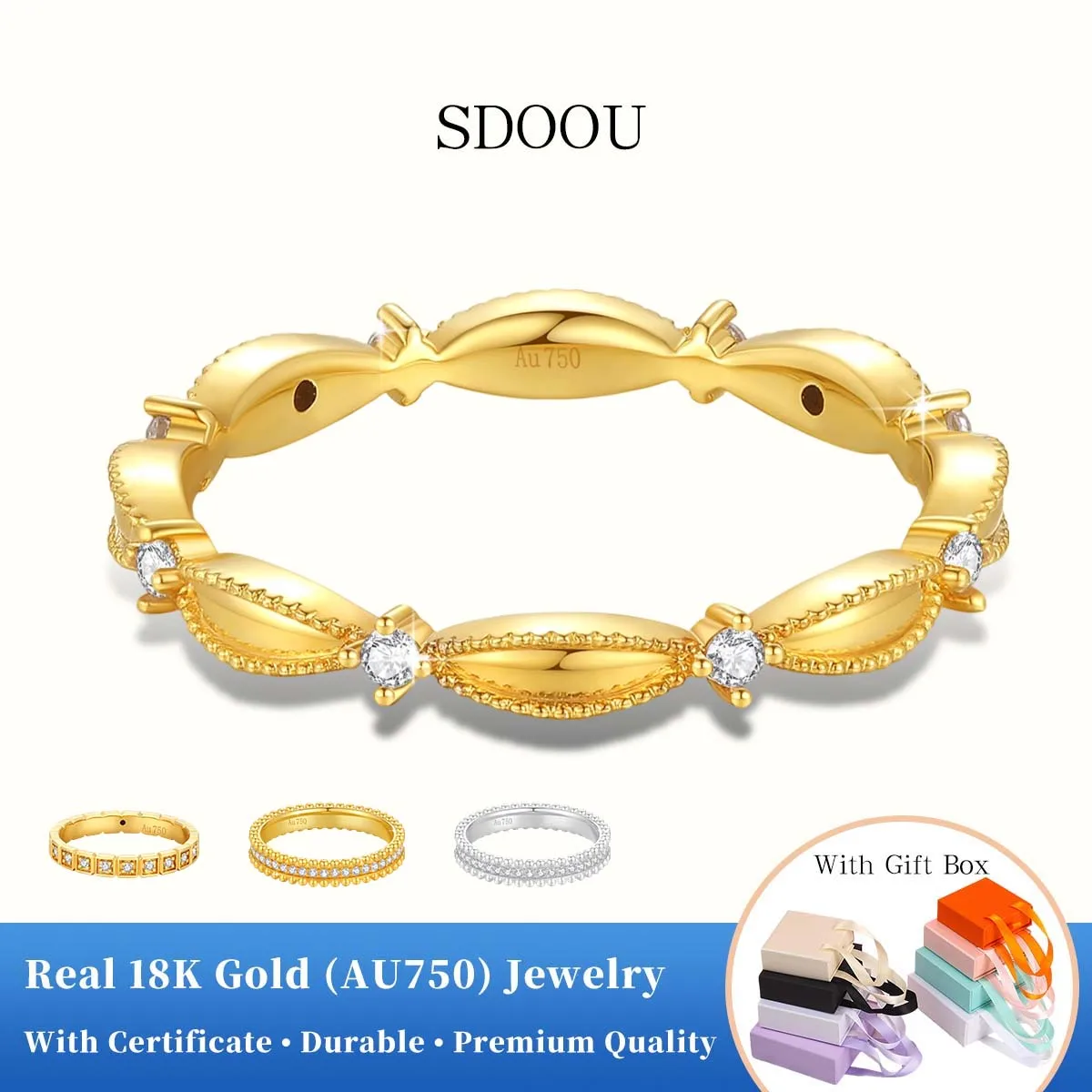 

SDOOU Luxury AU750 5D Hollow Slim Ring for Women Real 18k Gold Moissanite Diamond Ring VVS D Color Eternity Wedding Band Jewelry