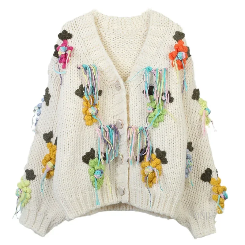 Cardigan tricoté au crochet avec pompon floral pour femme, pull à col en V, tricots amples, veste vintage, épais, 3D, hiver