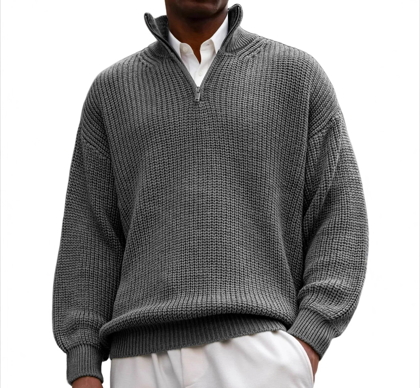 

Solid color pullover for autumn and winter men's fashion and versatile top Casual knitted zipper stand up collar long sleeved