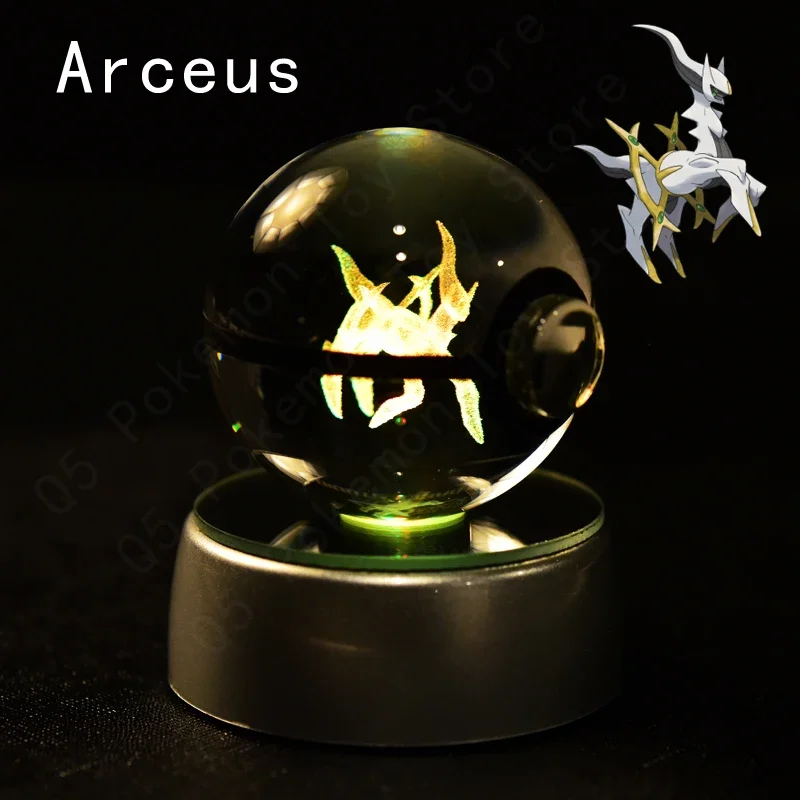 3D Pokemon Kristallkugel 5CM Mewtwo Pikachu Gengar Kristallglas Pokemon Ball Pokeball Figur Nachtlicht LED-Lampe mit Basis Geschenk
