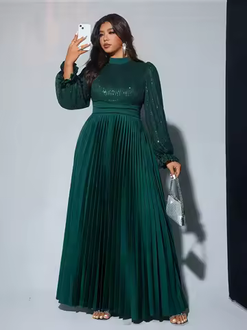 Plus Size Emerald Green Sequin Long Sleeve Pleated Maxi Dress for Evening Events