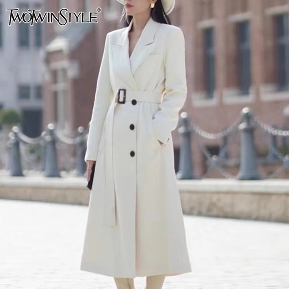 

TWOTWINSTYLE Patchwork Belt Temperament Trench For Women Notched Collar Long Sleeve Spliced Single Breasted Long Coats Female