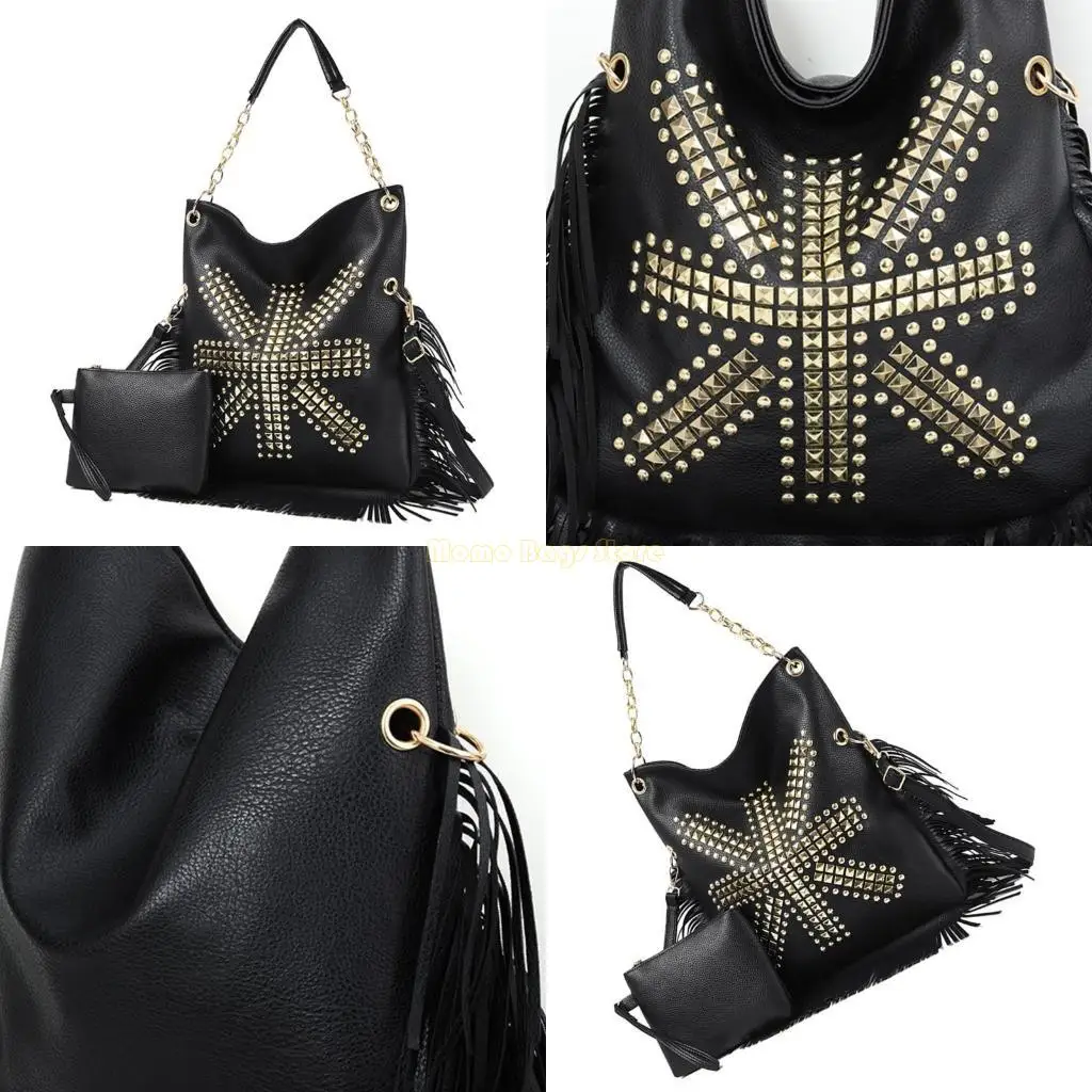 

X90D Shoulder Bag for Women Girl Fashion Trendy Rivet Chain Bag Fringe Designed Bag