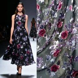Silk Fabric with Violet Flowers Print Jacquard 30% Silk Cotton Velour Material Tulle Hair Tissue Au Metre Silk Velvet Fabric