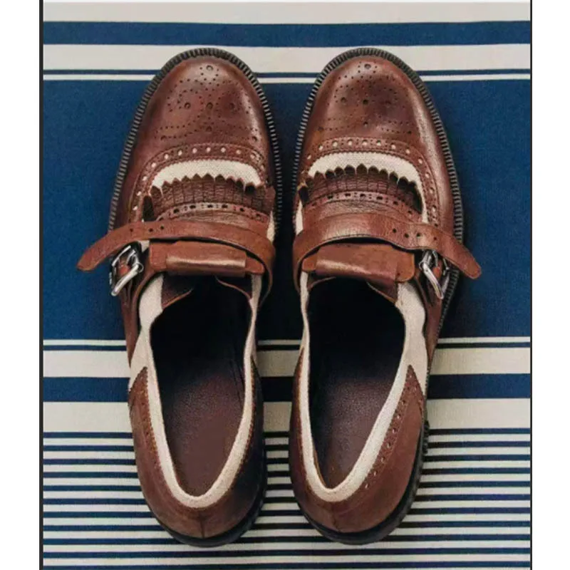 

Women's Brown Leather Brogue Monk Strap Shoes with Perforated Detail Fashionable Two Tone Design Classic Stylish Footwear