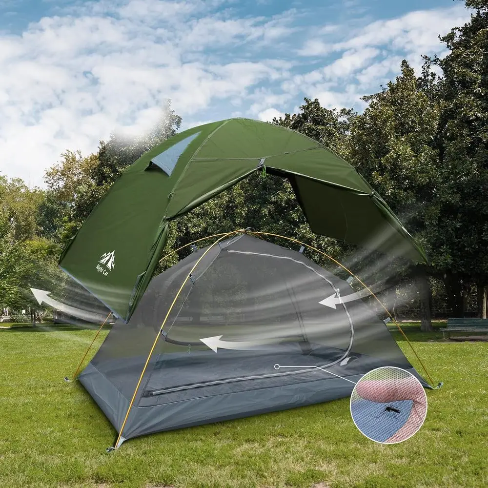 خيمة المشي لمسافات طويلة خفيفة الوزن للغاية مقاومة للماء لشخصين مع أقطاب ألومنيوم وطباعة مطر خضراء للمغامرات الخارجية