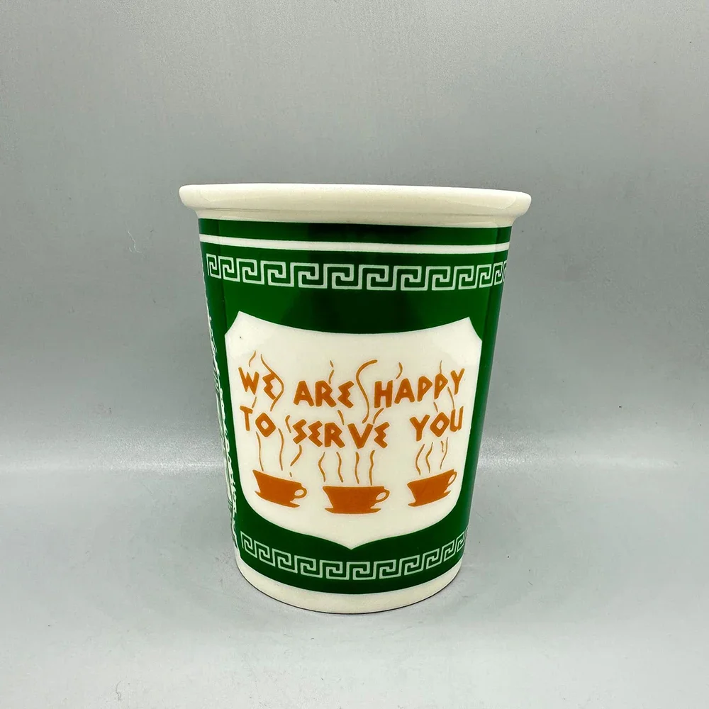 Ceramic Coffee Mug 240 ML Novelty Pottery Cup 'We Are Happy to Serve You' New York City Greek Cups Gift for Home Restaurant