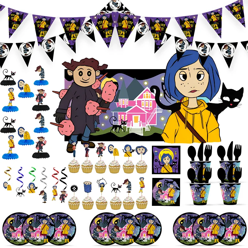 Coraline Birthday Party Decoration Disposable Set Tableware Plate Honeycomb  straws Cake Napkins Toppers for Kid Shower Supplies