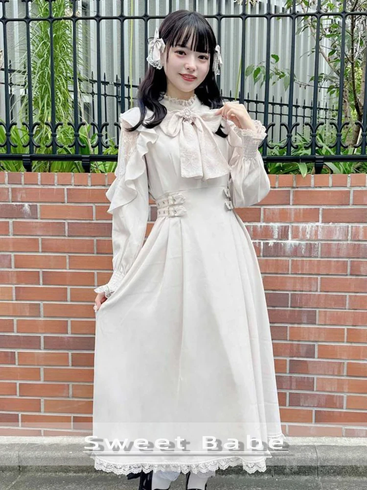

Lace Patchwork Off Shoulder Lolita Midi Dress Women Summer Stand Collar Long Sleeve Bow Tie Sweet Robes Elegant Long Dress 2026