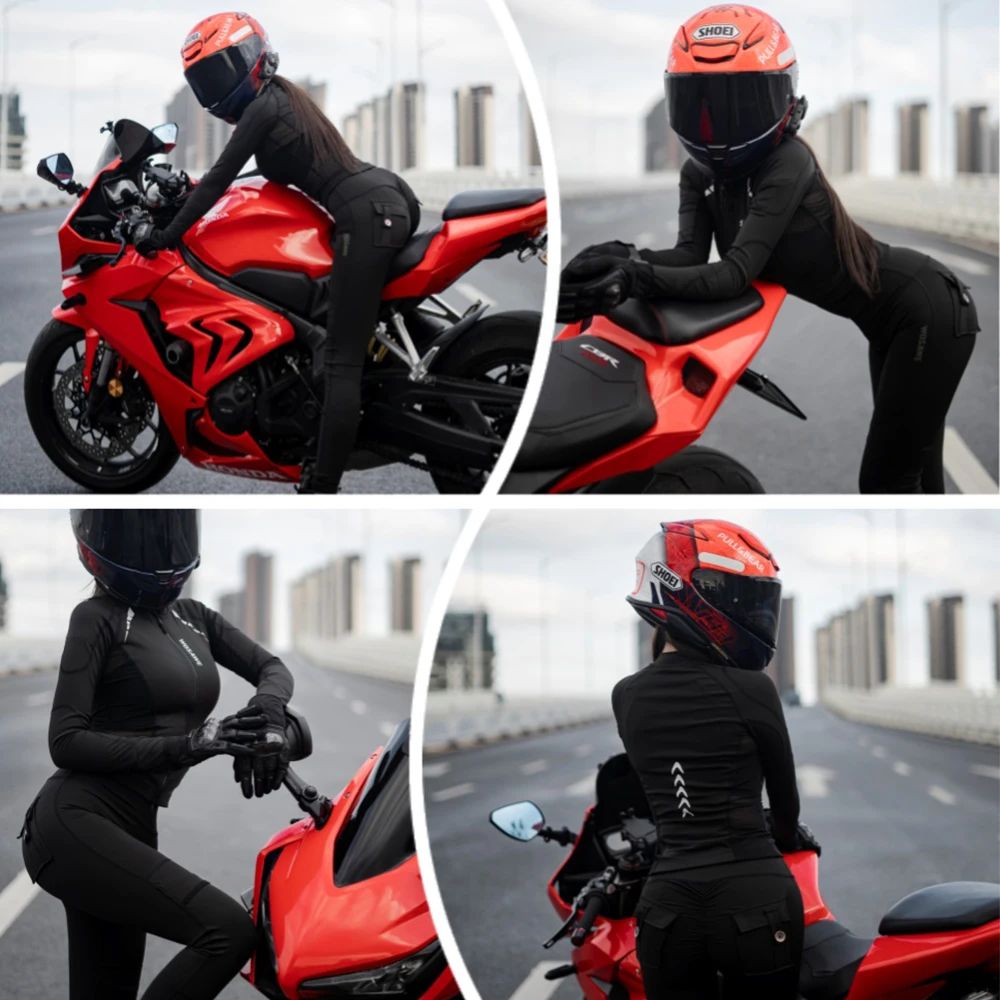 WOSAWE Women Motorcycle Pants Stretchy High Waist Reflective Motorcycle Style Pants Running Fitness GYM Trousers Honey Peach Hip - Image 2