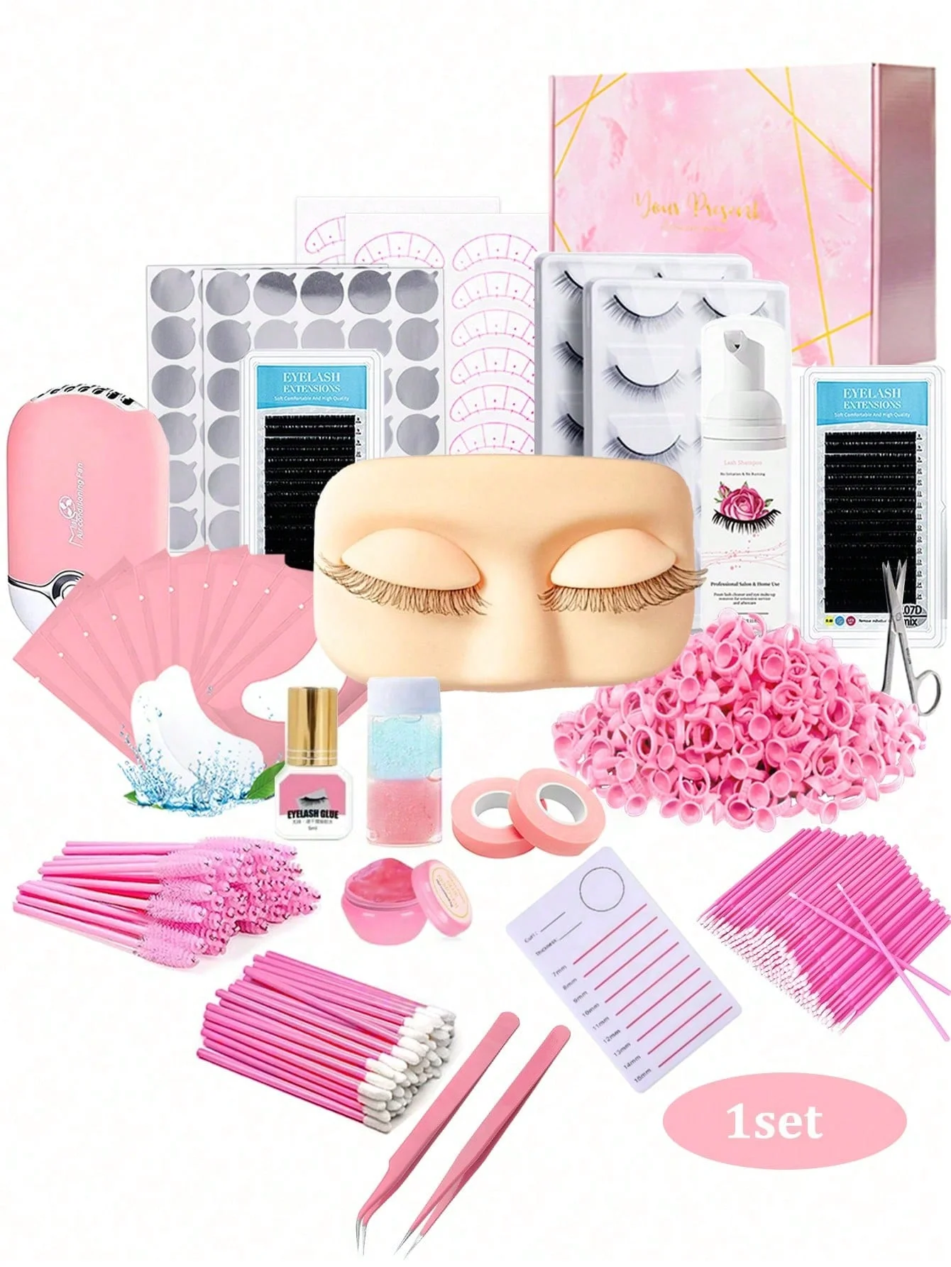 19pcs Lash Extension Kit,Professional Lash Extension Kit for Beginners Includes Practice Mannequin Head Lash Trays, Glue, Tweeze