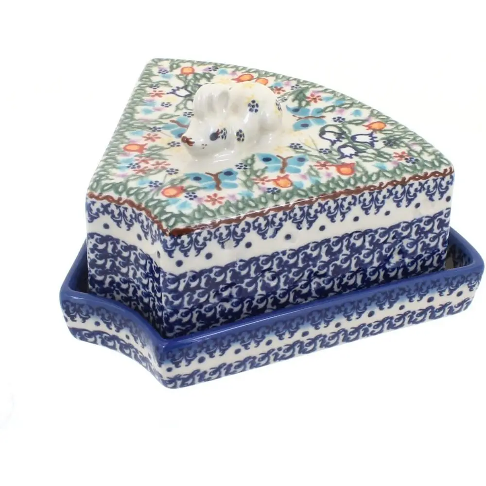 

Blue Rose Polish Pottery - Blue Garden o Cheese Dish with Mouse - 6" x 8" - Ceic Covered Cheese Plate, Decorative Kitchen & Tabl
