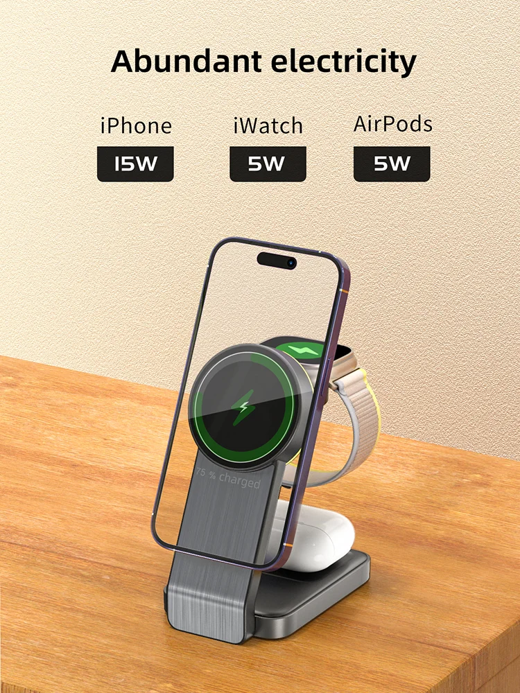 

3-in-1 Magnetic Wireless Charger Stand Pad for Magsafe iPhone 16/15/14/13/12 Pro Max, Apple Watch & Airpods with Fast Charging