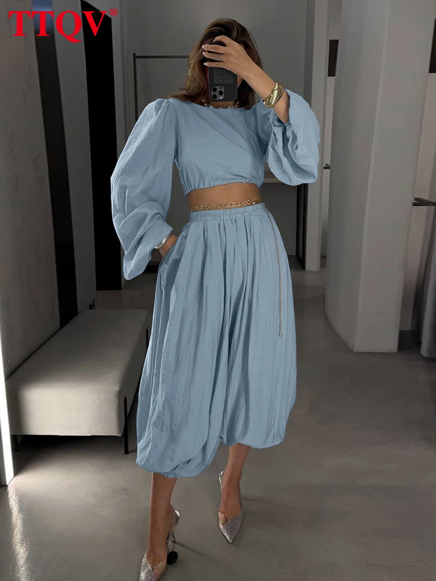 Women's Pink 2-Piece Crop Top & Wide Leg Pants Set