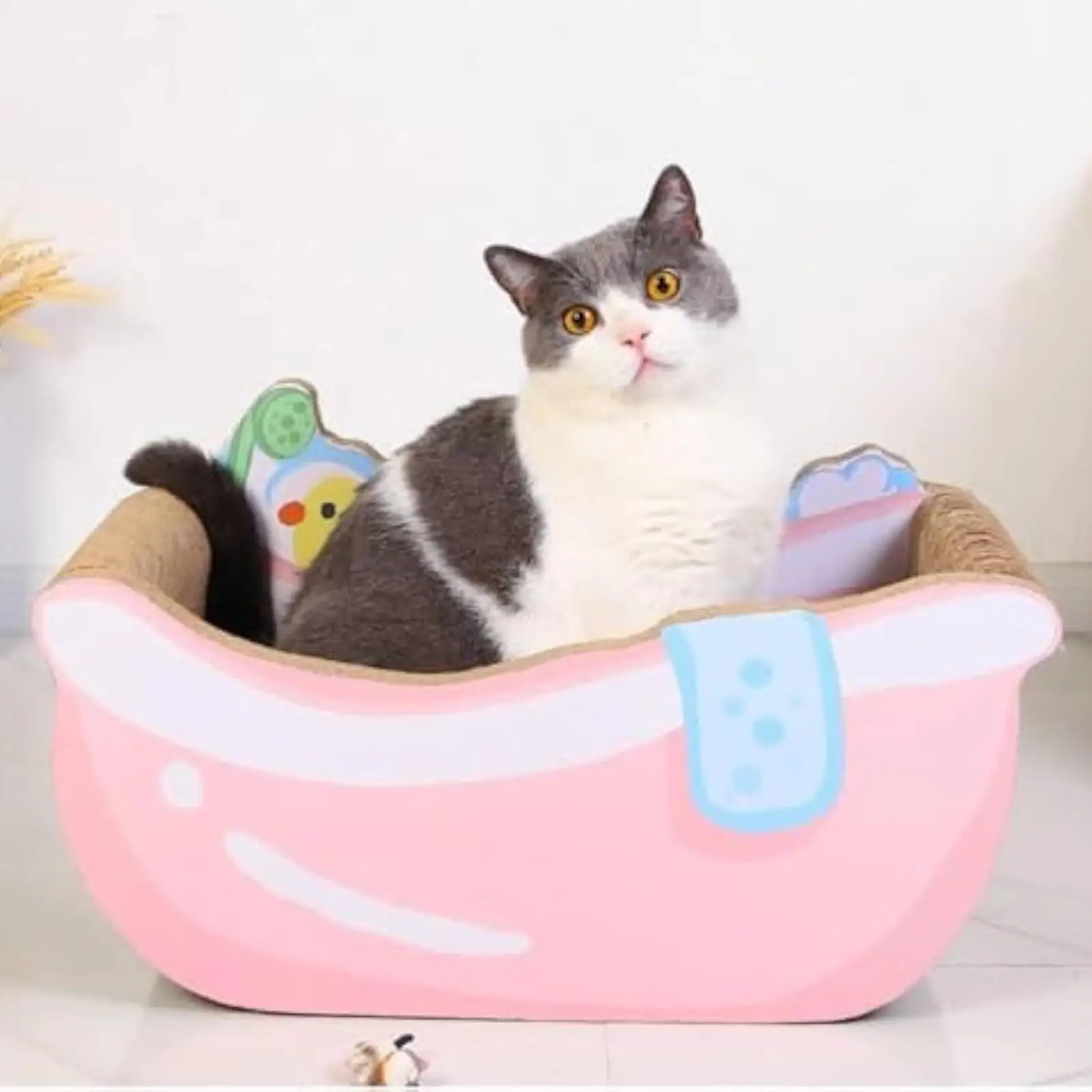 猫用ベッド 小型バスタブ型巣 爪とぎ付き 段ボール製 可愛い子猫・子犬・小型犬用ペットベッド ホームデコレーション リビング用