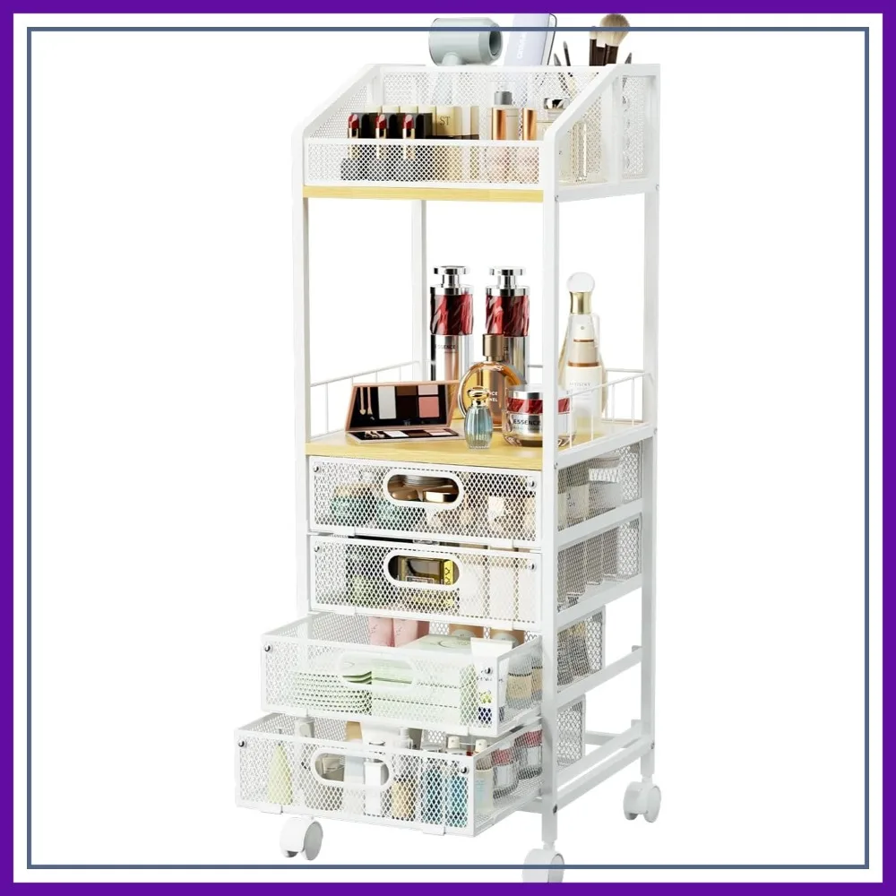 

Rolling Makeup Organizer Cart with 4 Drawers, Floor Skincare Storage, Vanity Cosmetics Display Case for Perfume Nail Polish