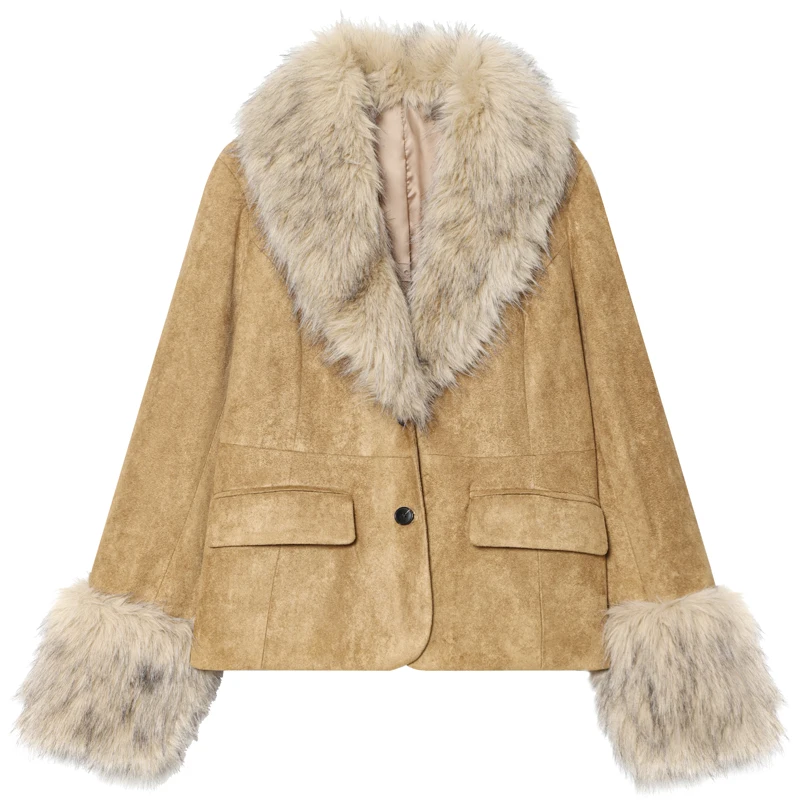 HXAO بليزرات للمرأة فو الفراء سترة المجهزة اقتصاص فو الجلود سترة جلد الغزال للنساء طويلة الأكمام أنيقة المرأة السترة معطف #3