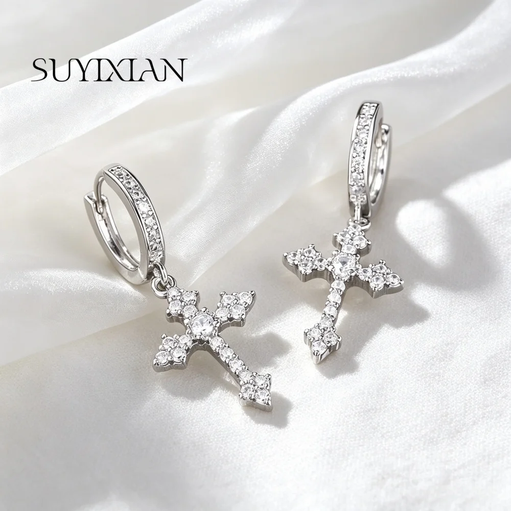 925 Sterling Silver Fashion Cross Zircon Earrings Birthday Party Anniversary Gift Ladies Jewelry