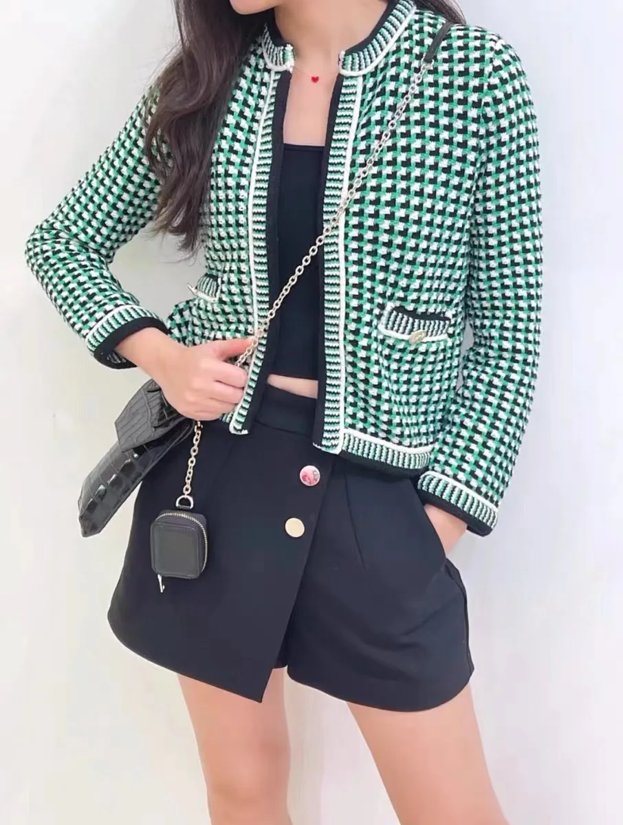 Women Cardigan Green Houndstooth O-Neck Long Sleeve Fashion Autumn Winter Sweater