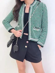 Women Cardigan Green Houndstooth O-Neck Long Sleeve Fashion Autumn Winter Sweater