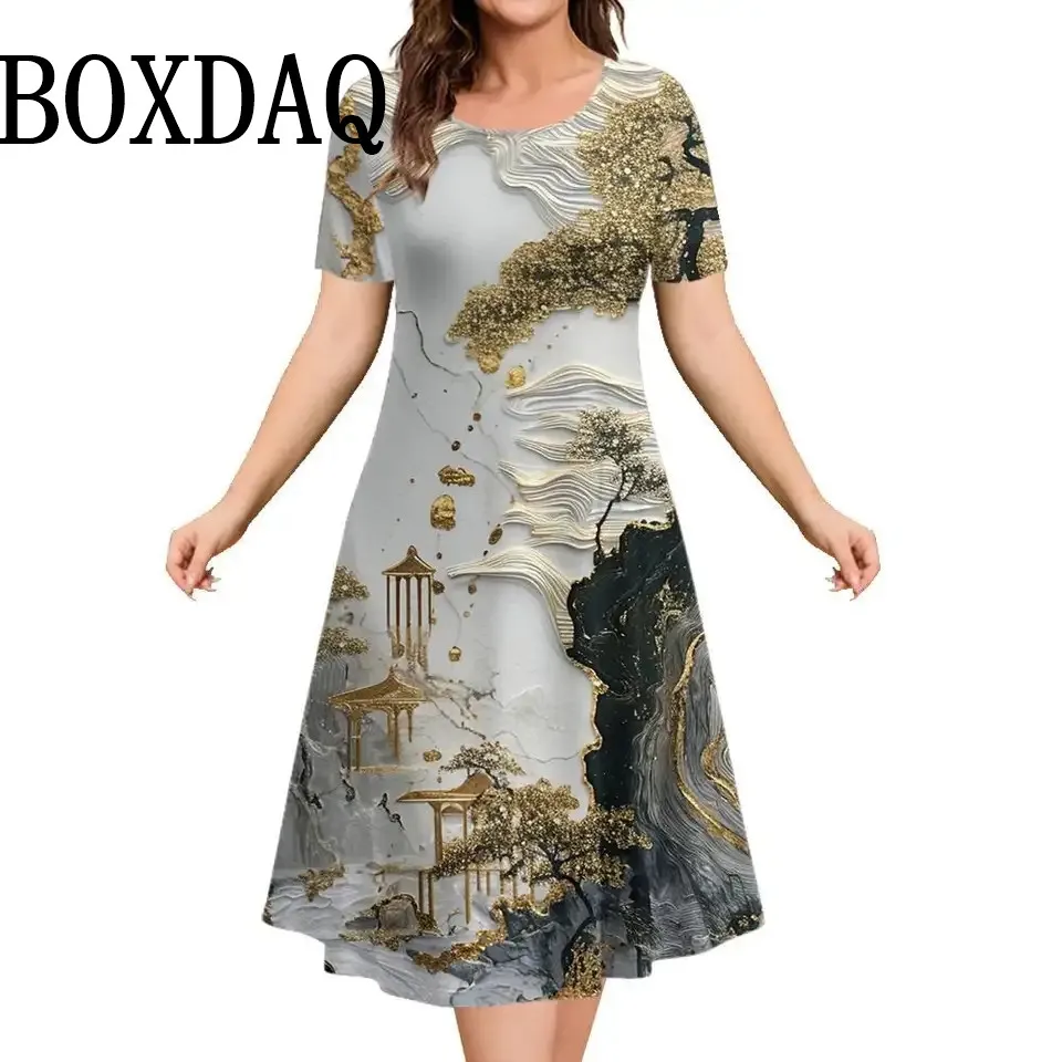 Painting Marble Landscape Printed Women's Clothing Summer Short Sleeve Elegant Party Dresses Casual O-Neck Loose Plus Size Dress