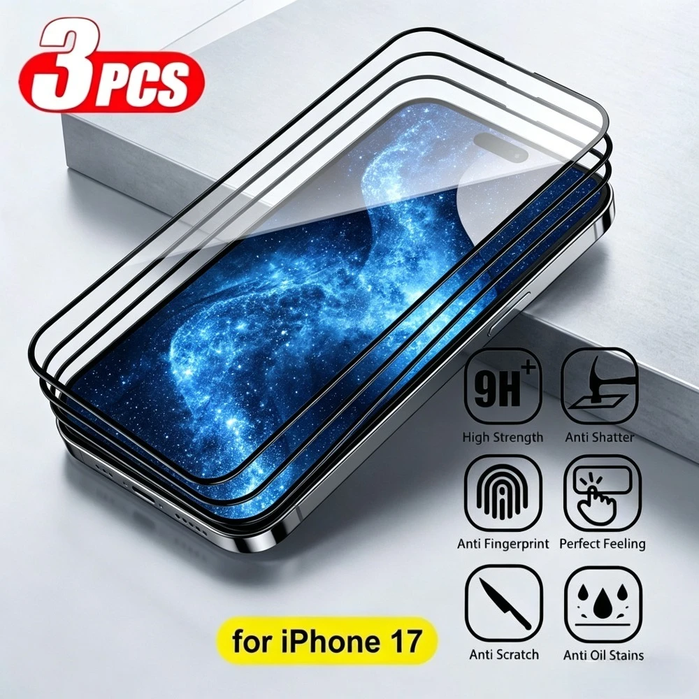 

Комплект из 3 защитных стекол Full Cover для iPhone 17, 16, 15, 14, 13 Pro Max, Air 17e, 16e, 15, 14 Plus, 12, 11 Pro – Защита от царапин, закаленное стекло