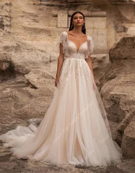 Tulle Short Sleeves Wedding Dresses Sweetheart Collar Bridal Gowns Elegant A-Line Mopping Length Vestidos De Novias Customized