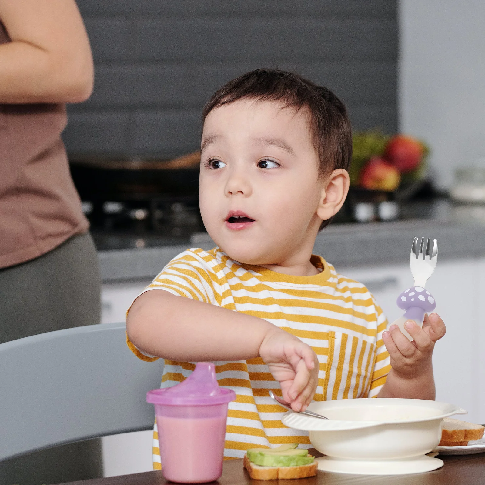 

1 Set Silicone Short Handle Baby Spoon Fork Kit Cute Mushroom Design For Infant Feeding Training Tableware Portable Kids Eating