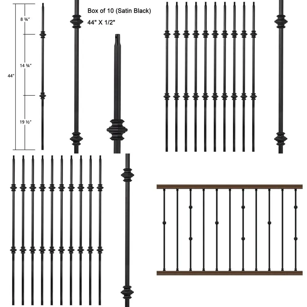 

Set of 10 Hollow Double Knuckle Iron Balusters for Decks and Spiral Stair Railing - 1/2-inch Spindles in Satin Black Finish