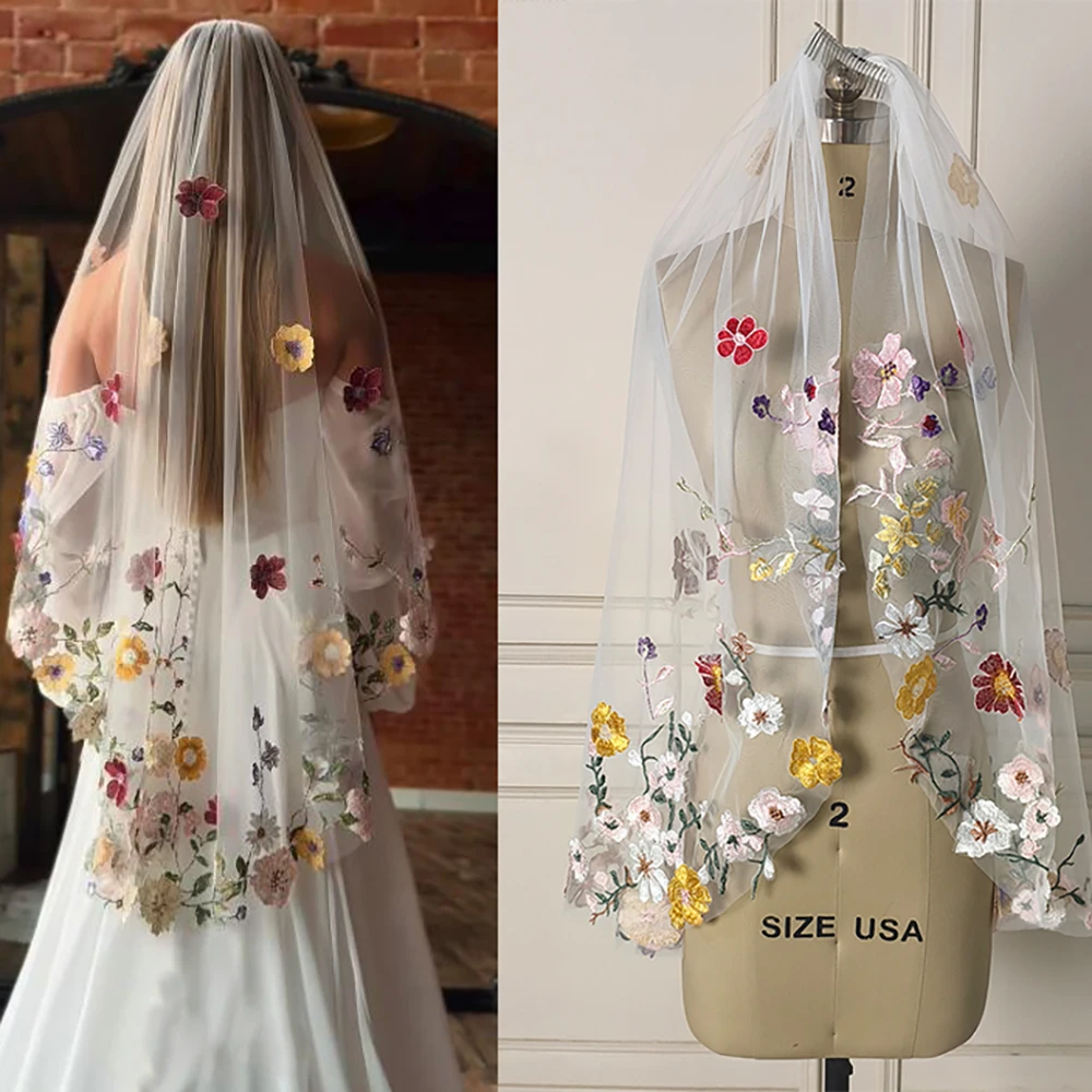Colorful Embroidered Floral Leaf Alternative Wedding Veil One Tier Bohemian Customized Cathedral Length  Bridal Veil with Comb