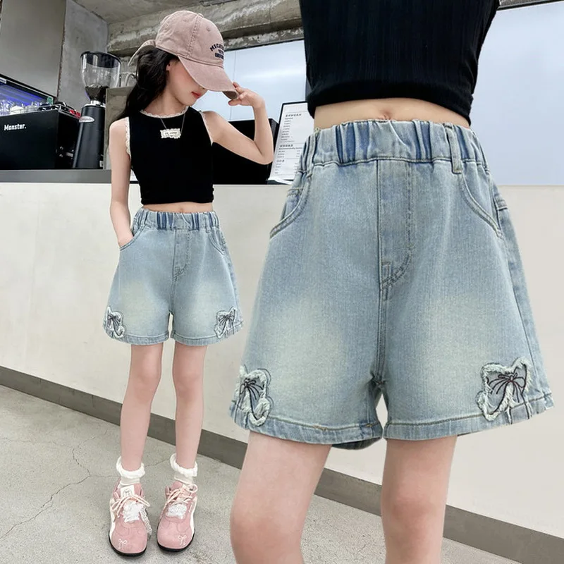 Street Style Children Fashion Summer Mini Denim Shorts with Butterfly Patch For Teen Girls Casual Shorts Kids Trend Shorts