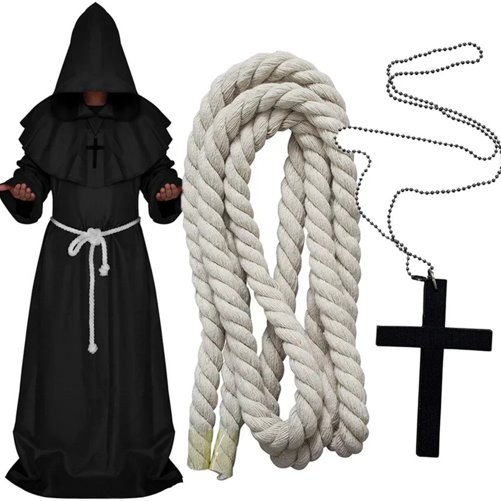 Friar Medieval Monk Long Cloak Priest Knight Robe Cross Necklace Belt Tattoo Halloween Adult Teens Costume Cape Party Props