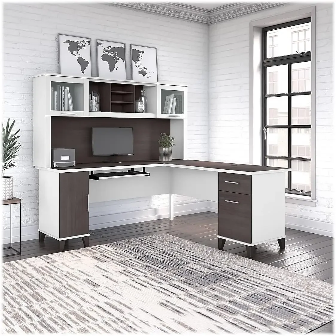 72-inch L-Shaped Desk with Hutch, Storm Gray/White