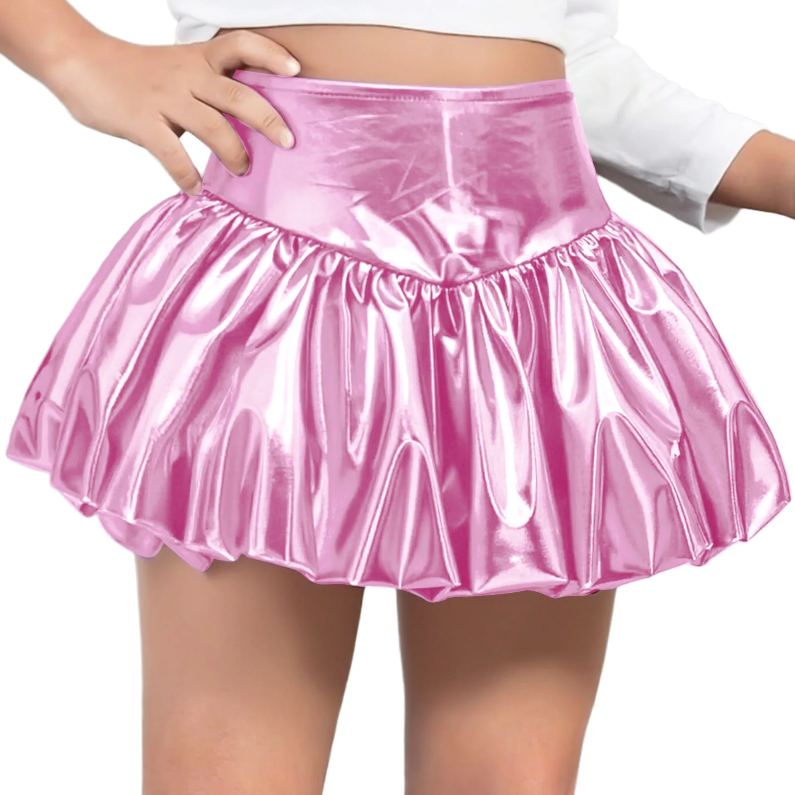 

Kids Girls Metallic Bubble Skirt Elastic Waistband Shiny A-Line PU Miniskirts Jazz Dance Ballet Tutu Skirts Cheerleading Costume