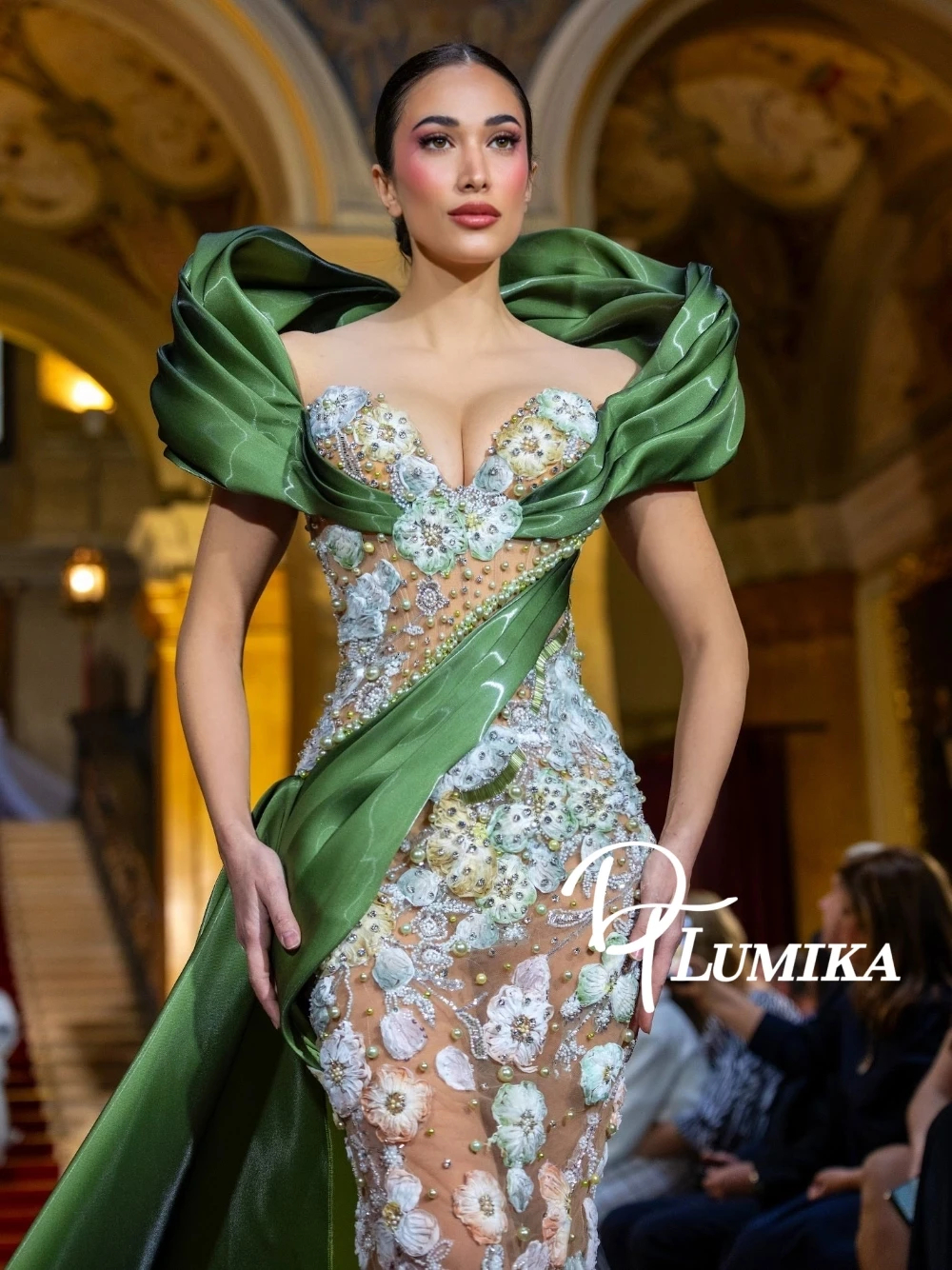 

Green Deep V Neck 3D Floral Sheer Mesh Mermaid Evening Dress Crystal Beaded Satin Draped Formal Gown For Wedding Prom Red Carpet