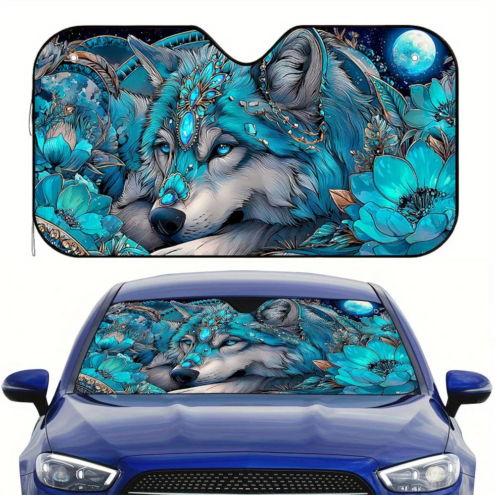 One Piece Of A Two-Dimensional Flat Sunshade Featuring A Blue Wolf Floral Design – Designed To Maintain A Cool Temperature In Yo
