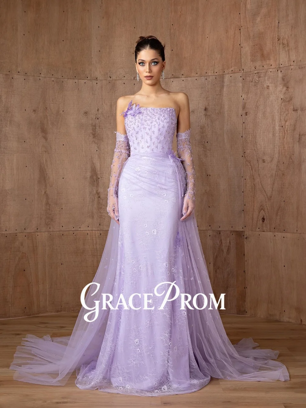 

GraceProm Romantic Lavender Tulle Evening Dress Strapless Floral Lace Floor-Length Carpet Gown Formal Party Gown No Gloves